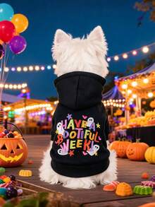 PETCIRCLE 1件寵物衣服 秋冬新款小狗幼犬貓咪可愛節日氛圍字母刺繡連帽衛衣 - 萬聖節週 - 黑色 - 查看 1