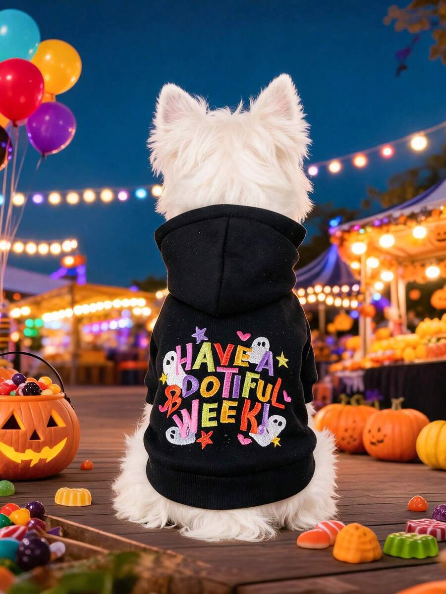PETCIRCLE 1件寵物衣服 秋冬新款小狗幼犬貓咪可愛節日氛圍字母刺繡連帽衛衣 - 萬聖節週 - 黑色 - 查看 1