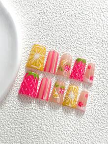 10 piezas de uñas postizas de estilo de frutas de verano hechas a mano, juego de uñas de gel de poliuretano, patrón de limón & fresa, esmalte de uñas amarillo & rosa, estilo de chica dulce, incluye herramientas para uñas, 3 tamaños disponibles, forma de almendra, pato, ataúd, adecuado para fiesta, baile, uso diario - Multicolor - Ver 15