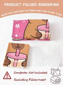 2/3PCS Capybara Bubble Tea Duvet Cover Set, Cute Cartoon Animal Bedding, Pink Heart Floral Print Bed Set For Girls - Multicolor - View 4