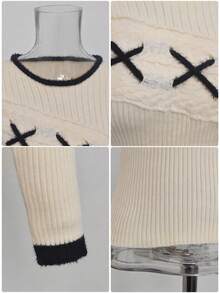 Korean Style Casual Vintage Design Slim Fit Flattering Long Sleeve Round Neck Color Block Knit Sweater Inner Layer Top For Women Autumn/Winter Fall - Apricot - View 11