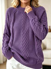 Plus Size Crew Neck Casual Long Sleeve Solid Color Knit Sweater, For Winter - Purple - View 1