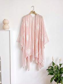 1件優雅花卉刺繡開襟女款和服披肩，沙龍裙，春夏波希米亞風外套，海灘度假防曬，裝飾性刺繡開襟衫，適合日常搭配，禮物首選 - 粉色 - 查看 6