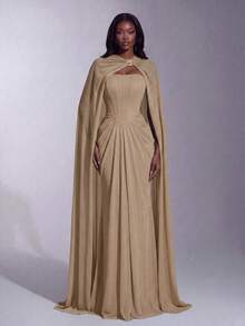 Faeriesty Elegant Strapless Long Dress With Fitted Corset Top, Keyhole Neckline, Flowing A-Line Silhouette Wedding - Khaki - View 4