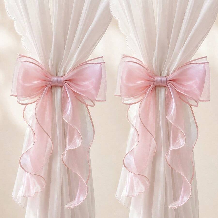 1/4 Pack French Style Bow Curtain Tiebacks, Sheer Satin Ribbon Curtain Tiebacks, Multi-Color No-Drill Curtain Tiebacks, Suitable For Semi-Sheer And Regular Curtains, For Bedroom, Living Room, Romantic Home Decor