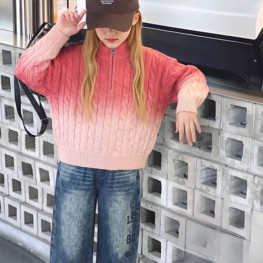Girls' Twisted Stripe Gradient Korean Style Sweater, Versatile Autumn/Winter Single Piece - Pink - View 1