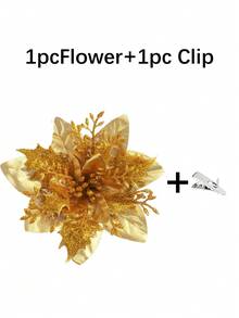 1/10/20/30件裝一品紅聖誕裝飾花（附夾子）－10件裝人造花 紅色、金色、銀色 聖誕樹飾品 亮面 新年婚禮派對花環 DIY 花串裝飾 包裝 - 金黃色 - 查看 14