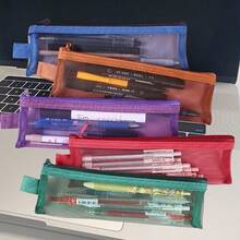 10pcs (Random Color) Semi-Transparent Mesh Zipper Pencil Case, Thickened Wear-Resistant Multi-Layer Mesh Stationery Bag, Simple Storage Bag, Stationery Bag, Back To School Season - A - View 2