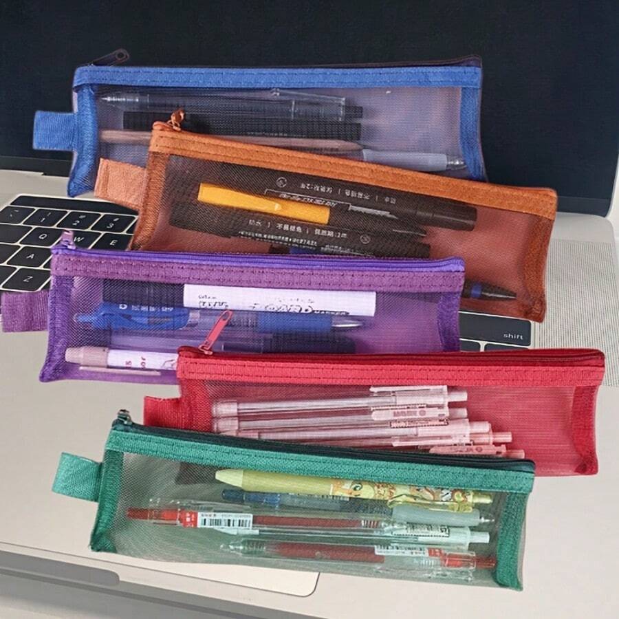 10pcs (Random Color) Semi-Transparent Mesh Zipper Pencil Case, Thickened Wear-Resistant Multi-Layer Mesh Stationery Bag, Simple Storage Bag, Stationery Bag, Back To School Season