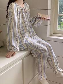 2pcs/Set Women's Pajamas Spring/Autumn Long Sleeve Long Pants Skin-Friendly Home Wear Floral Print Pullover Set - Multicolor - View 4