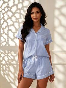 Temptuelle [Dreamery]2pcs Striped Print Short Sleeve Top & Shorts Women Pajama Set, Cool Light Blue - Blue - View 1