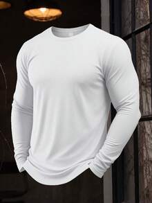 Men's Solid Color Crew Neck Long Sleeve Casual Tee Basic Daily Versatile White Top Simple Minimalist Fashion Apparel - White - View 3
