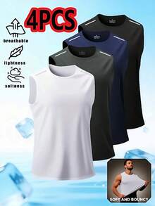 4pcs Men's Solid Color Sports Casual Sleeveless Tank Tops, Mesh Comfortable Fabric, Reflective Stripes Print, Inner Wear Home Outdoor Tops - Multicolor - View 2