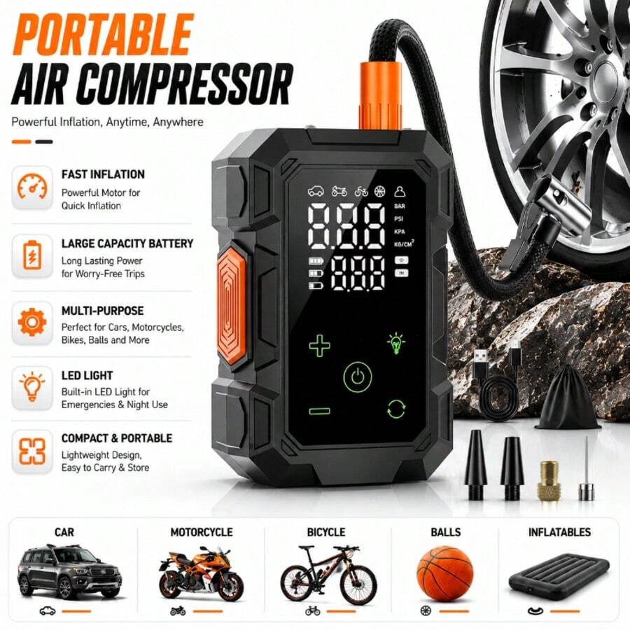 Air Compressor & Inflator Pump 140 PSI Car Air Compressor Pump, Digital Tire Inflator Pump, Portable Car Inflator Pump Suitable For Car Motorcycle LED Light Tire Pump Air Compressor & Inflator Pump, Tire Pump 1500mAh - Black - View 1