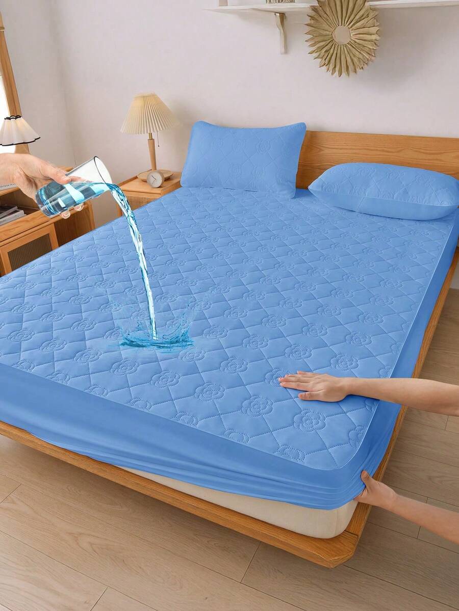 1pc Waterproof Solid Color Fitted Sheet, Skin-Friendly Mattress Protector, Dust-Proof & Moisture-Proof Mattress Cover, Ultrasonic Embossed Suitable For All Size Mattresses, Bedding Gift, Machine Washable - Clear Blue - View 1