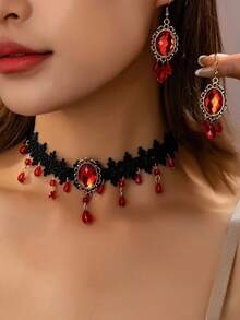 1pc Necklace + 2pcs Earrings Halloween Minimalist Elegant Gothic Hollow Lace Water Drop Tassel Women Jewelry, Suitable For Halloween Party, Banquet And Daily Wear - Cut-out Lace Teardrop Tassel Set - View 4