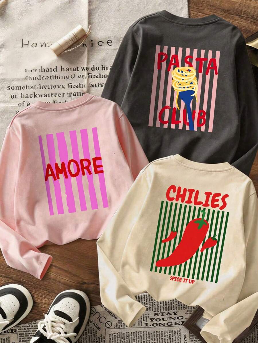 Tween Girls 3 Packs Long Sleeve Tee, Pasta Chili AMORE Food Graphic Print Crew Neck Casual Tops, Back To School Everyday Basic Shirts - Multicolor - View 1