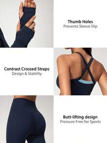 NcmRyu Women's 3 Pieces Set Autumn/Winter Contrast Color Tank Top, Stand Collar Jacket, High Waist Slim Fit Pants - Blue - View 4