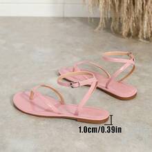 Sandal Kulit Paten Wanita Model Thong Strap Silang Ujung Bulat, Sandal Datar Musim Panas Minimalis dan Serbaguna - Watermelon Pink - View 9
