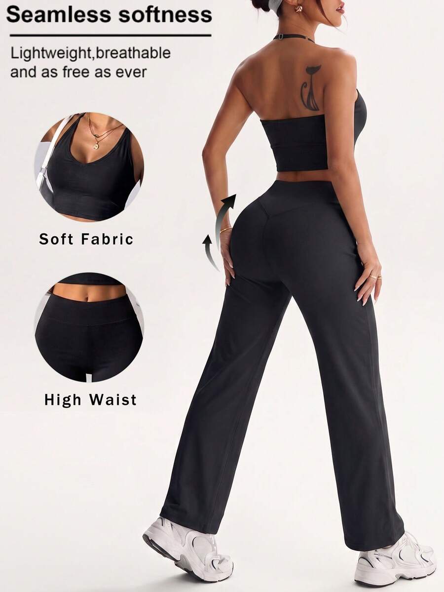FWH Yoga Pilates Halter Neck Sports Set Top, Elastic Fabric Slimming Zero Restriction, Running And Other Multiple Scenarios. Black - Black - View 1