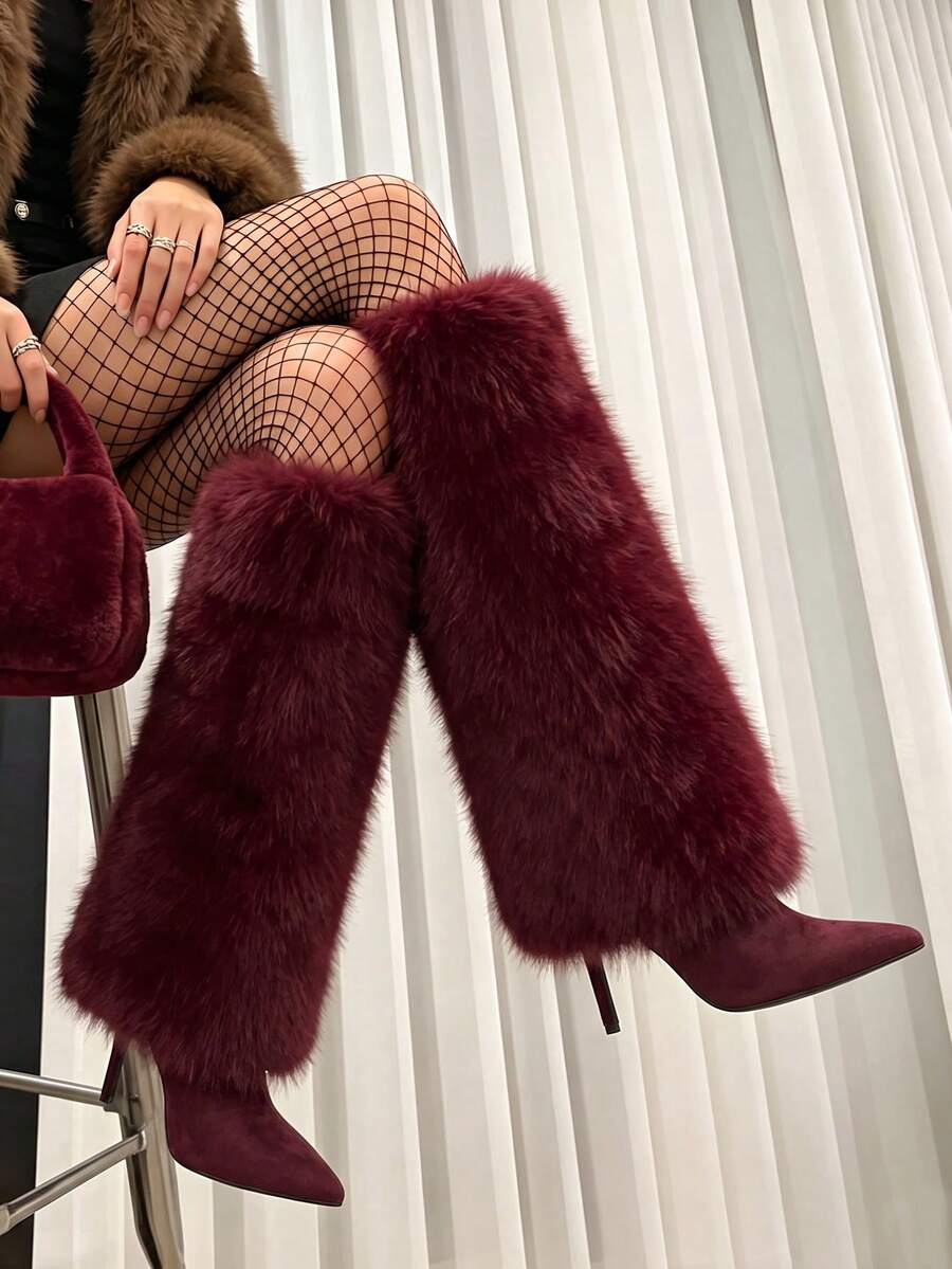Women's Y2K Furry Fluffy Fold Over Knee High Boots Fashion Pointed Toe Stiletto High Heels Sexy Elegant Faux Fur Long Boots Woman - 酒紅色絨面革 - 查看 1