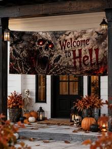 1件裝黑紅配色「Welcome To Hell」歡迎來到地獄橫幅，哥德恐怖風聚酯纖維長方形掛旗，附巨型骷髏、發光眼睛、烏鴉、蝙蝠與骷髏手，適用萬聖節門廊、鬼屋、派對、酒吧、牆面及戶外居家裝飾 - 多色 - 查看 5