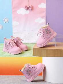 Autumn/Winter Girls' Thermal-Lined Warm Boots, Cartoon Pretty Girl Print Side-Slip-On Soft Sole Baby Ankle Boots - Pink - View 5