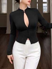 abyoxi Blouse courte pour femme, col montant à boutons grenouille, décolleté en V profond ajouré, décoration de boutons devant, coupe slim avec taille cintrée, manches longues, style jeune, sexy et élégant, pour le travail, les trajets, les rendez-vous, les dîners formels, été et automne - Noir - Voir 3