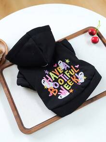 PETCIRCLE 1件寵物衣服 秋冬新款小狗幼犬貓咪可愛節日氛圍字母刺繡連帽衛衣 - 萬聖節週 - 黑色 - 查看 9