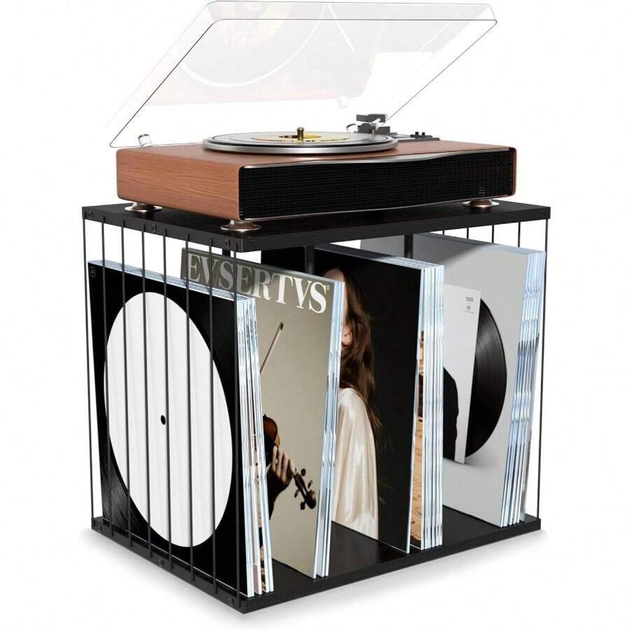 レコード 収納 金属＆木製 レコードラック ヴァイナルレコードホルダー 80 枚収納可能 3 コンパートメント レコードスタンド レコードプレイヤースタンド 雑誌・本・ファイル・アルバム収納兼用 レコード棚 cd 飾り対応 (ブラック) - 黒 - チェックする 1