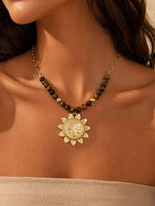 1pc Vintage Casual Tiger Eye Stone Beaded Sunflower Pendant Necklace, Fashionable Versatile Women's Neck Jewelry Suitable For Daily Wear, Dating, Party And Vacation, Tiger Eye Stone Pattern Is Random - Multicolor - View 1