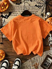 [Halloween] Tween Girl Print Pullover Short-Sleeve Cotton T-Shirt, Student And Young Children's Clothing, Summer Outfit Tops For Kids - Orange - View 3