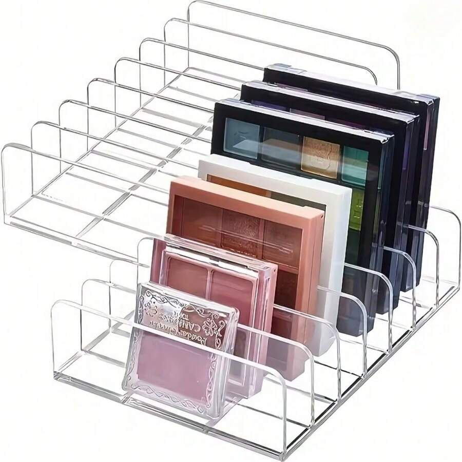 1pc 7-Compartment Clear Acrylic Desktop Makeup Organizer, Partitioned Storage For Contour Palettes, Compacts, Eyewear Accessories, Space-Saving 3D Design, Suitable For Vanity, Bathroom, Dorm, Portable Desktop Storage, Travel Organizer - Multicolor - View 1