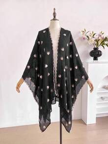 1pc Minimalist Heart Pattern Embroidered Split Shawl Kimono Sarong For Women, Bohemian Style Spring/Summer Beach Vacation Sun Protection Decorative Embroidered Cardigan, Suitable For Daily Wear, Perfect Gift Choice - Black - View 2