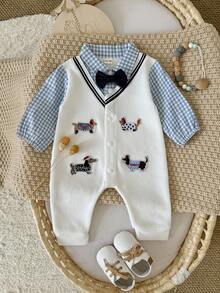 Baju Terusan Bayi Laki-Laki Motif Kotak-kotak dengan Bordir Anak Anjing dan Pita, Lengan Panjang - Putih - View 17