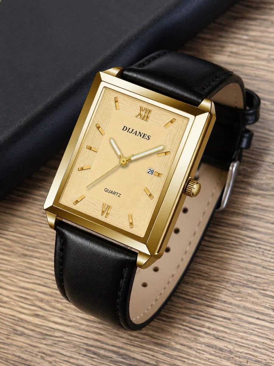 1 Buah Jam Tangan Pria Quartz dengan Tali Kulit PU Hitam dan Dial Persegi, Jam Tangan Quartz untuk Bisnis, Dial Emas Persegi Panjang Klasik, Tali Kulit PU Hitam, Jendela Tanggal, Jam Tangan Retro Minimalis, Cocok untuk Perjalanan Sehari-hari dan Hadiah