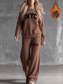 NYC Letter Print Women's Faux Knitted Knit Long Sleeve Top And Pants Set, Casual Two Pieces Outfit, Patterned Top, Mexican Brown Elegant - Brown - View 5
