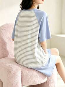 AICJ Comfortable Women's Striped Cute Cat Dog Letter Print Pajama Set - Short Sleeve Crew Neck Pullover Top[T-Shirt]And Lace Patchwork Shorts Knit Fabric Spring Summer - Casual Loose Fit Maternity Wear Home Loungewear 2-Piece Set - Baby Blue - View 2