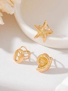 3pcs Starfish Seashell Design Bohemian Vacation Style 3D Textured Open Gold-Tone Metal Ear Cuffs, Elegant Exquisite Women's Ear Clips For Daily Wear, Party, Music Festival, Street Style, Beach, Seaside, Bikini - Starfish, Conch, Seashell - View 2