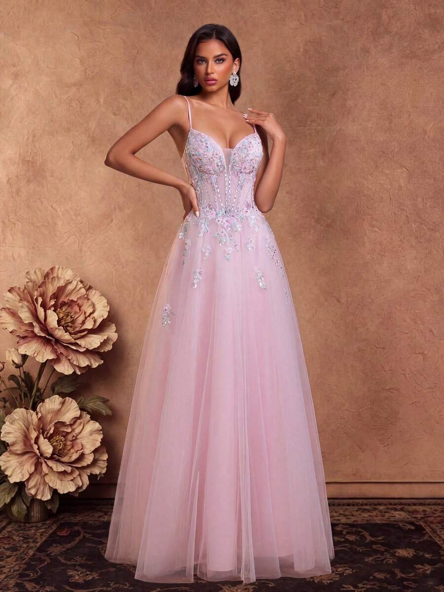 Women's 3D Floral Decor Luxurious High Waist Spaghetti Strap Maxi Evening Dress Pink Wedding - Pink - View 1
