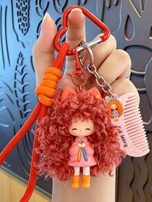 Curly Fluffy Girl Silicone Keychain, Cute Plush Doll Bag Pendant Car Key Charm, Mother's Day, Christmas, Graduation Gift For Friends And Family - Multicolor - View 6