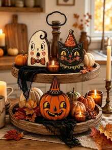 Decoración de Halloween Vintage para Interiores, Estantería de Bloque de Madera Retro, Fantasma Lindo, Calabaza, Gato Negro, Esqueleto, Búho Bruja, Regalo de Inauguración de Casa - Ver 9