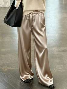 Petite Women Champagne Satin Wide Leg Pants, High Waist Draped Trousers, Old Money Style Flowy Bottoms For Daily Commute & Back To School - Champagne - View 4