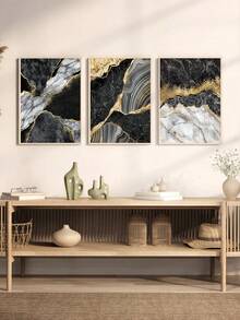Juego de 1/3 piezas Pintura de arte de pared con textura de mármol abstracto de flujo de tinta beige y dorado, póster de decoración para sala de estar, sofá, oficina y hogar, entusiasta de la decoración del hogar minimalista moderna, material decorativo con marco opcional - Multicolor - Ver 8