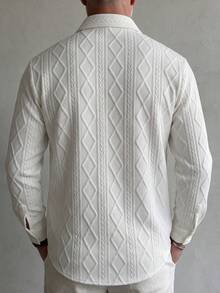 GOLDREDY Korean Style Solid Color Diamond Embossed Long Sleeve Shirt Men White Cable Knit Texture Loose Fit Versatile Outerwear Collared Shacket - White - View 3