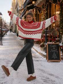 Joy Knit Women's Sweater Autumn/Winter Fashion New Style - All-Match Tops - Minimalist Casual Fashion Versatile - Loose Christmas Striped Round Neck Pullover Knit Top - Red and White - View 2