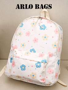 Minimalistischer weißer Rucksack mit Blumenmuster, tragbare Schultasche mit vorderer Reißverschlusstasche, Mehrfach-Abteilungs-Freizeitrucksack, geeignet für Einkaufen, Schule, Reisen - Verschiedenfarbig - Übersicht 4