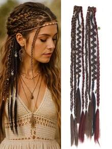 2pcs Handmade Bohemian Style 20 Inch Clip-In Hair Extensions, Bohemian Dreadlock Style, With Daily Wear Beads And Exquisite Accessories, With Claw Clips,Halloween - Multicolor - View 9