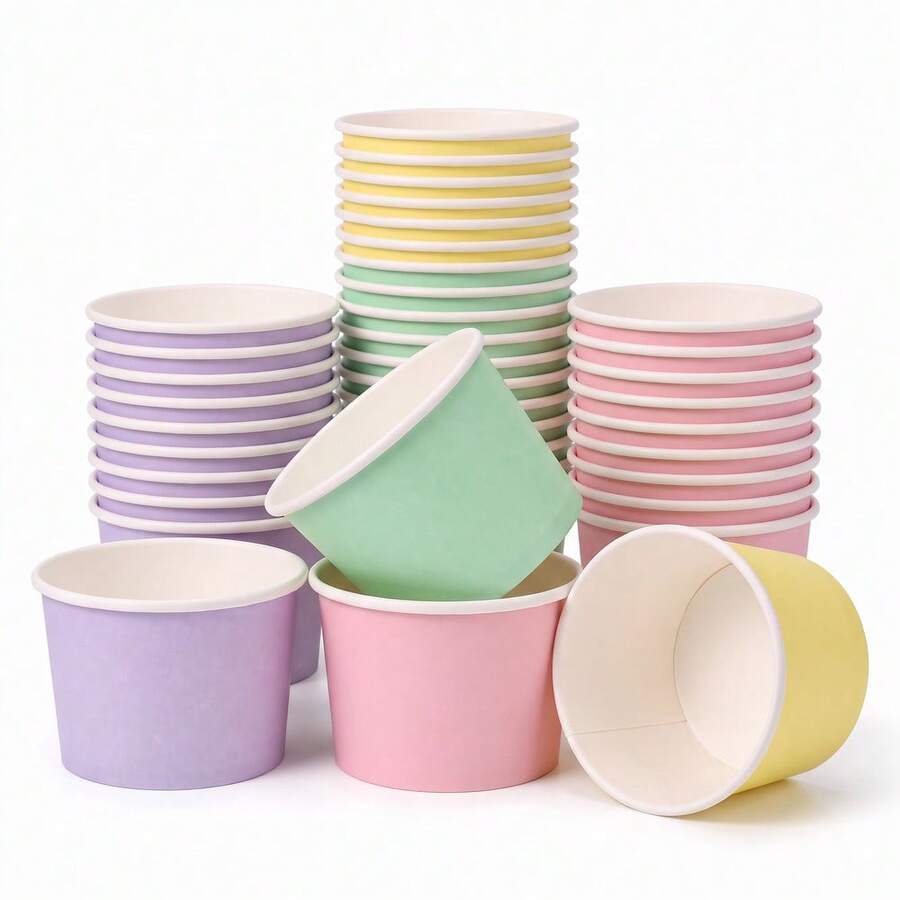 10/20/40pcs Macaron 4-Color Disposable Paper Ice Cream Cups, 9oz Smooth Matte Solid Color Dessert Bowls, Multi-Color Rolled Edge Snack Cups, Suitable For Birthday, Summer Picnic, Baby Shower, School Party Food Tableware - Macaron Colors - View 1