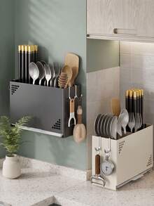 Wall Mounted No Drill Kitchen Utensil Holder, Detachable Drainage Chopstick Cage, Household Cutlery Storage Box, Multifunctional Hanging Chopstick Tube, Easy To Clean Kitchen Spoon Fork Organizer For Kitchen Cabinet Wall - Multicolor - View 2